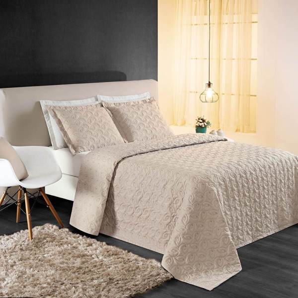Encontraproduto.com.br - Kit Cobre Leito Colcha Tendência Queen 3 Peças Micropercal 200 Fios Bordado Premium - Cáqui