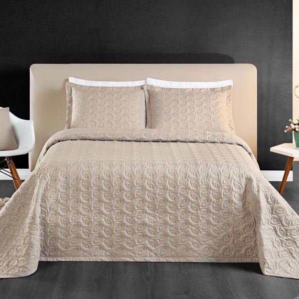 Encontraproduto.com.br - Kit Cobre Leito Colcha Tendência Queen 3 Peças Micropercal 200 Fios Bordado Premium - Cáqui