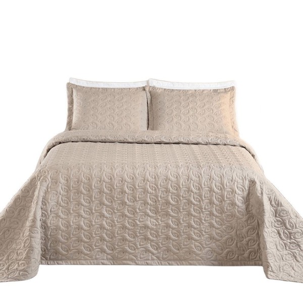 Encontraproduto.com.br - Kit Cobre Leito Colcha Tendência Queen 3 Peças Micropercal 200 Fios Bordado Premium - Cáqui