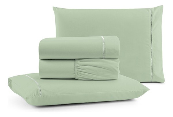 Encontraproduto.com.br - Jogo De Lençol Luiza King 4 Pçs 100% Algodão Percal 180 Fios Ponto Palito - Verde