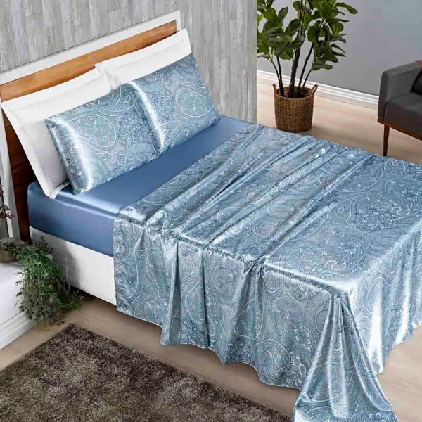 Encontraproduto.com.br - Jogo De Lençol Lotus Padrão 4 Peças Cetim Brilhante Toque Suave Macio - Azul Serenity