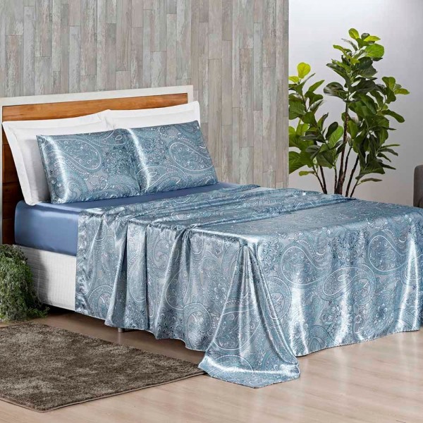 Encontraproduto.com.br - Jogo De Lençol Lotus Padrão 4 Peças Cetim Brilhante Toque Suave Macio - Azul Serenity