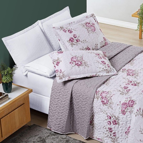 Encontraproduto.com.br - Kit Cobre Leito Colcha Júlia Solteiro 02 Peças Micropercal 200 Fios Duplaface Estampa Floral - Lilac