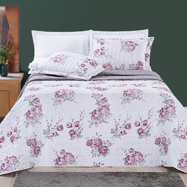 Encontraproduto.com.br - Kit Cobre Leito Colcha Júlia Solteiro 02 Peças Micropercal 200 Fios Duplaface Estampa Floral - Lilac