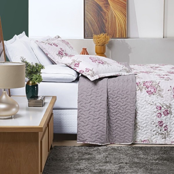 Encontraproduto.com.br - Kit Cobre Leito Colcha Júlia Solteiro 02 Peças Micropercal 200 Fios Duplaface Estampa Floral - Lilac