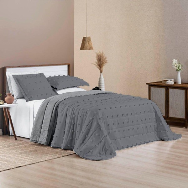 Encontraproduto.com.br - Kit Cobre Leito Colcha Sofist Queen 3 Peças Micropercal 300 Fios Cinza