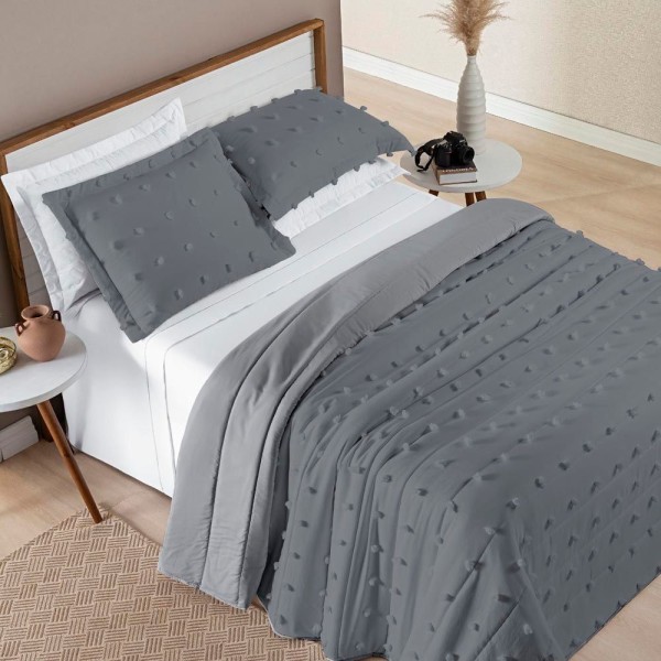 Encontraproduto.com.br - Kit Cobre Leito Colcha Sofist Queen 3 Peças Micropercal 300 Fios Cinza