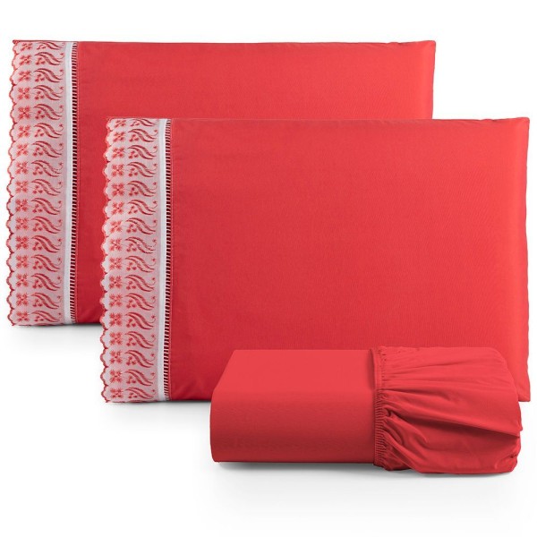 Encontraproduto.com.br - Jogo De Lençol Casal Suave Barrado Lese 3 Peças Barato - Vermelho