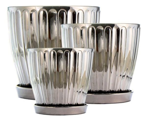 Encontraproduto.com.br - Jogo 3 Vasos Cachepot Cerâmica Prata Metalizado Euxenita - Vivaflor Decor