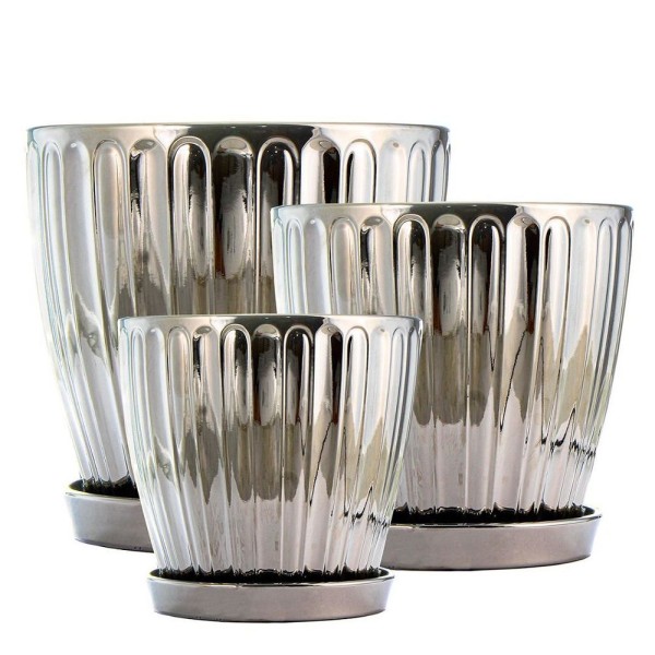 Encontraproduto.com.br - Jogo 3 Vasos Cachepot Cerâmica Prata Metalizado Euxenita - Vivaflor Decor
