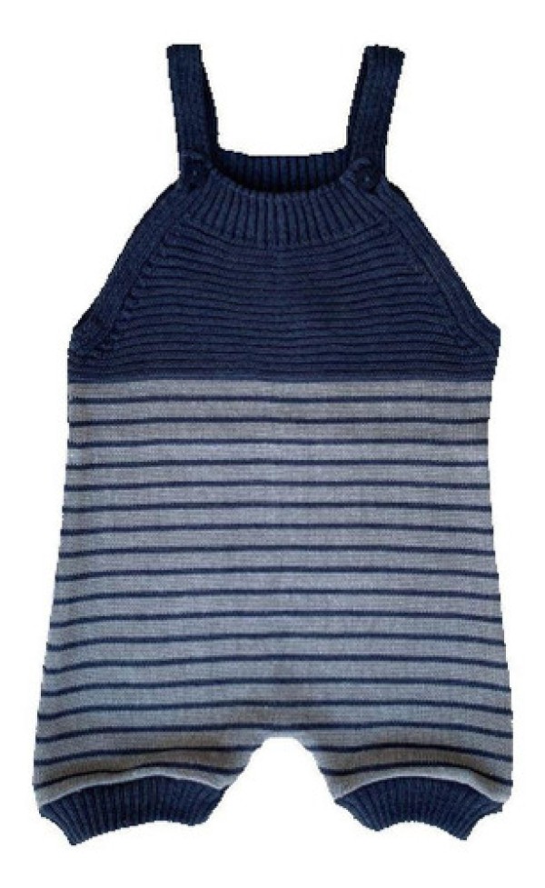 Jardineira Romper de Tricô Listrado Tricô Kids Azul Mescla