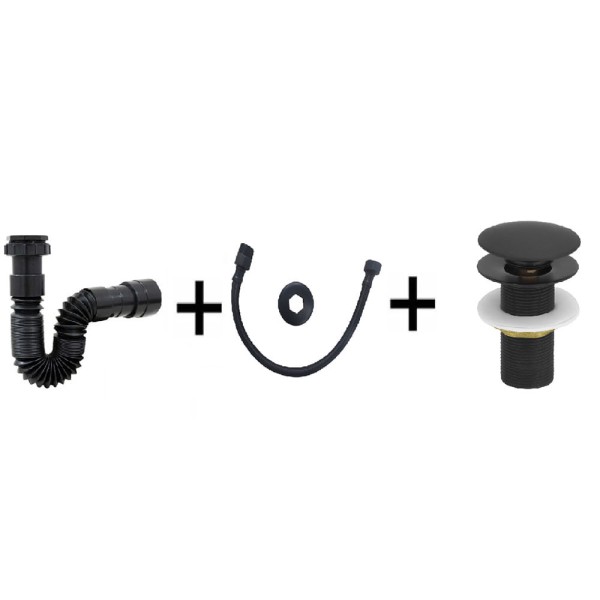Encontraproduto.com.br - Kit Preto/Black Válvula Click + Sifão + Engate Flexível