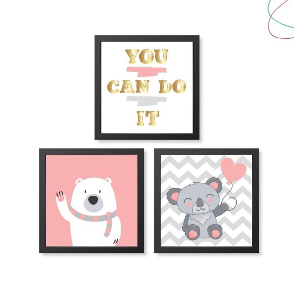 Encontraproduto.com.br - Kit Com 3 Quadros Infantil Coala E Urso