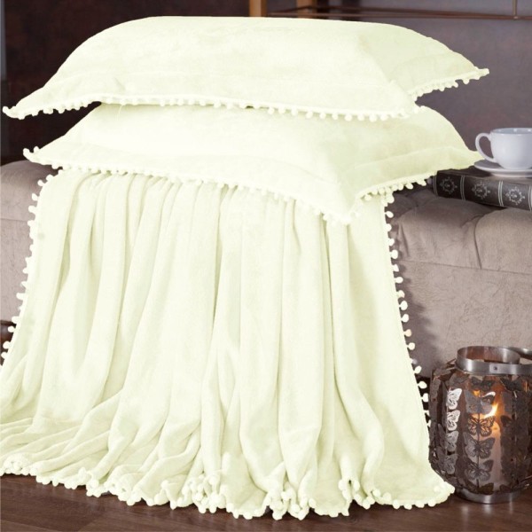 Encontraproduto.com.br - Cobertor Manta Plush Queen Com Pompom Premium 3 Peças Palha