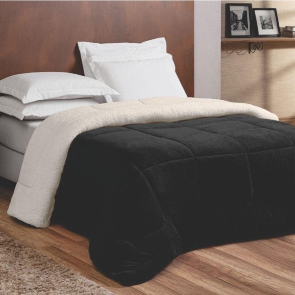 Encontraproduto.com.br - Edredom Coberdrom Nepal Queen Dupla Face Sherpa Toque Lã Carneiro - Preto