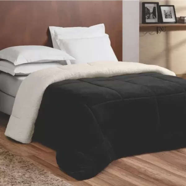 Encontraproduto.com.br - Edredom Coberdrom Nepal Queen Dupla Face Sherpa Toque Lã Carneiro - Preto
