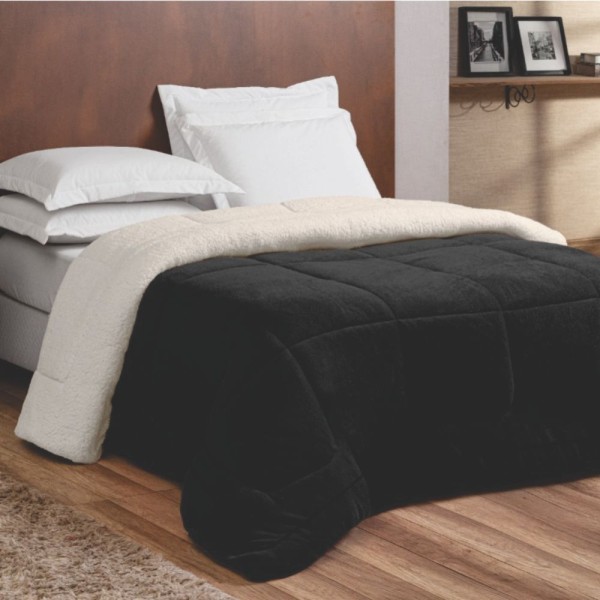 Encontraproduto.com.br - Edredom Coberdrom Nepal Queen Dupla Face Sherpa Toque Lã Carneiro - Preto