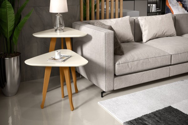 Encontraproduto.com.br - Jogo 2 Mesas Lateral e Apoio 3 Pontas Cadencie Pés Madeira desenhada  cor Off White - Comprar Móveis em Casa
