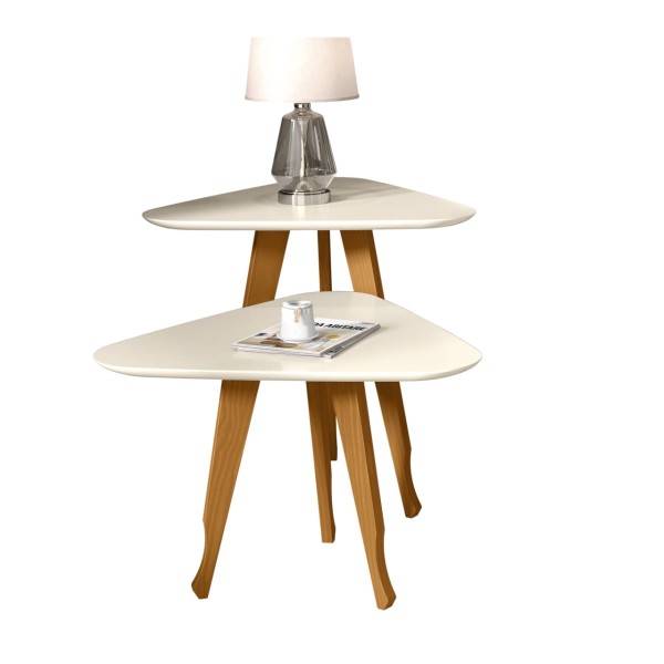 Encontraproduto.com.br - Jogo 2 Mesas Lateral e Apoio 3 Pontas Cadencie Pés Madeira desenhada  cor Off White - Comprar Móveis em Casa