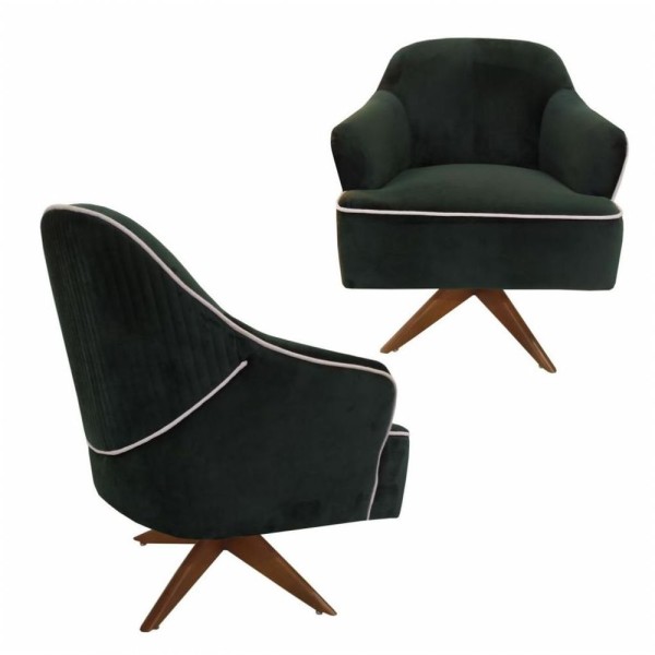 Encontraproduto.com.br - 2 Poltronas Decorativas Com Base Giratória Em Madeira Veludo Verde Sol Larbelle