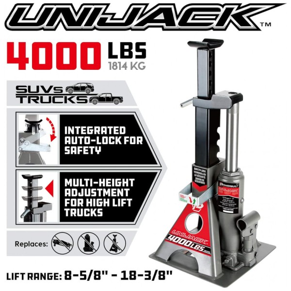 Encontraproduto.com.br - Macaco de Garrafa Hidráulica Combinado UniJack de 2 toneladas, Compacto, Portátil, Base Larga para Sedãs Monobloco, CUVs, SUVs e Carros, Powerbuilt