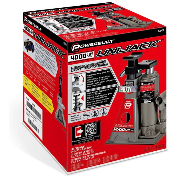 Encontraproduto.com.br - Macaco de Garrafa Hidráulica Combinado UniJack de 2 toneladas, Compacto, Portátil, Base Larga para Sedãs Monobloco, CUVs, SUVs e Carros, Powerbuilt