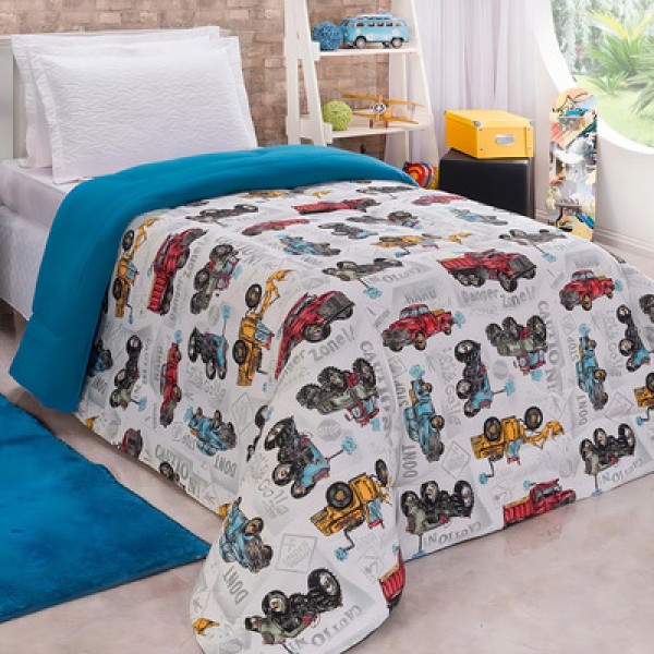Encontraproduto.com.br - Edredom Diverkids Solteiro Infantil Malha Estampada 1 Peça - Carrinhos Azul