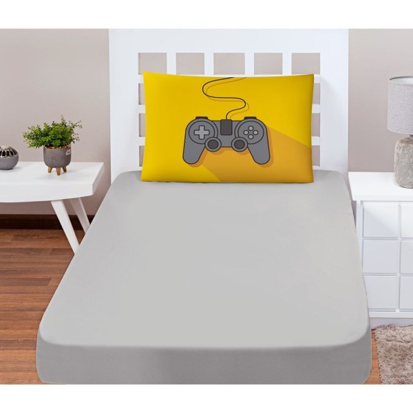 Encontraproduto.com.br - Jogo Cama Lençol Shine Solteiro Microfibra 180 Fios 2 Peças - Controle Game Cinza