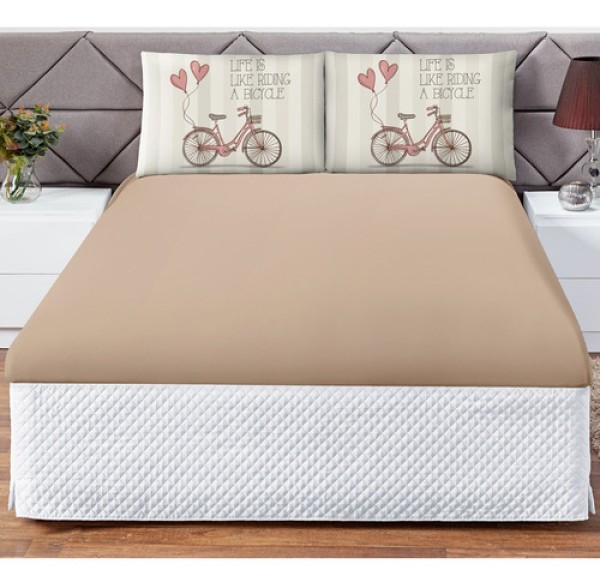 Encontraproduto.com.br - Jogo Cama Lençol Shine Queen Microfibra 180 Fios 3 Peças - Vintage Bike Bege