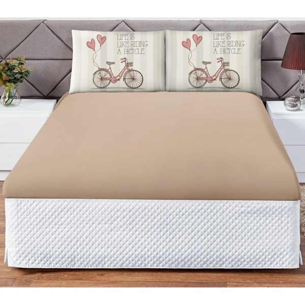 Encontraproduto.com.br - Jogo Cama Lençol Shine Queen Microfibra 180 Fios 3 Peças - Vintage Bike Bege