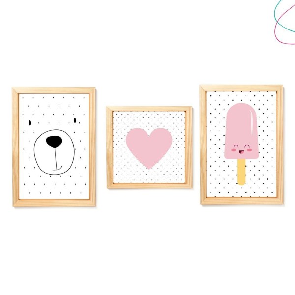 3 Quadros Decorativos Urso Coração Picole Cor Da Armação:branca