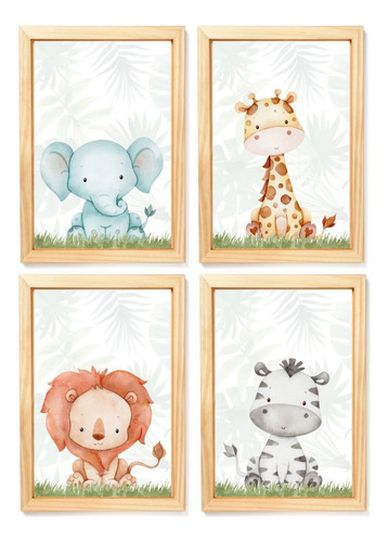 Encontraproduto.com.br - Kit 4 Quadros Decorativos Safari Aquarela Baby Moldura Vidro Cor Da Armação:pinus