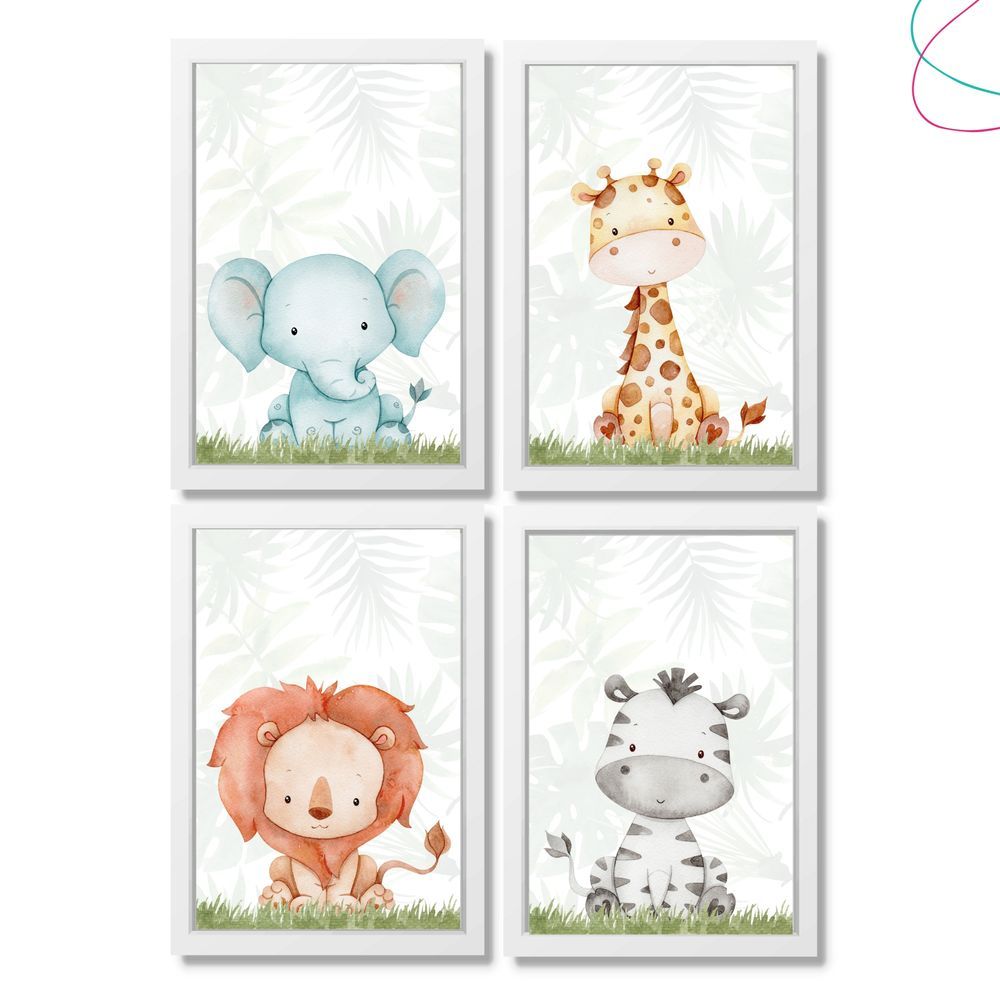 Encontraproduto.com.br - Kit 4 Quadros Decorativos Safari Aquarela Baby Moldura Vidro Cor Da Armação:pinus