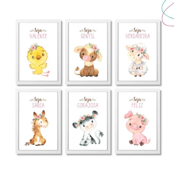 Quadro Decoração Animais Da Fazenda Menina Cor Da Armação:branca
