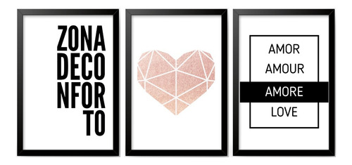 Encontraproduto.com.br - Kit 3 Quadros Para Casa - Zona De Conforto Com Coração Cor Da Armação:preto