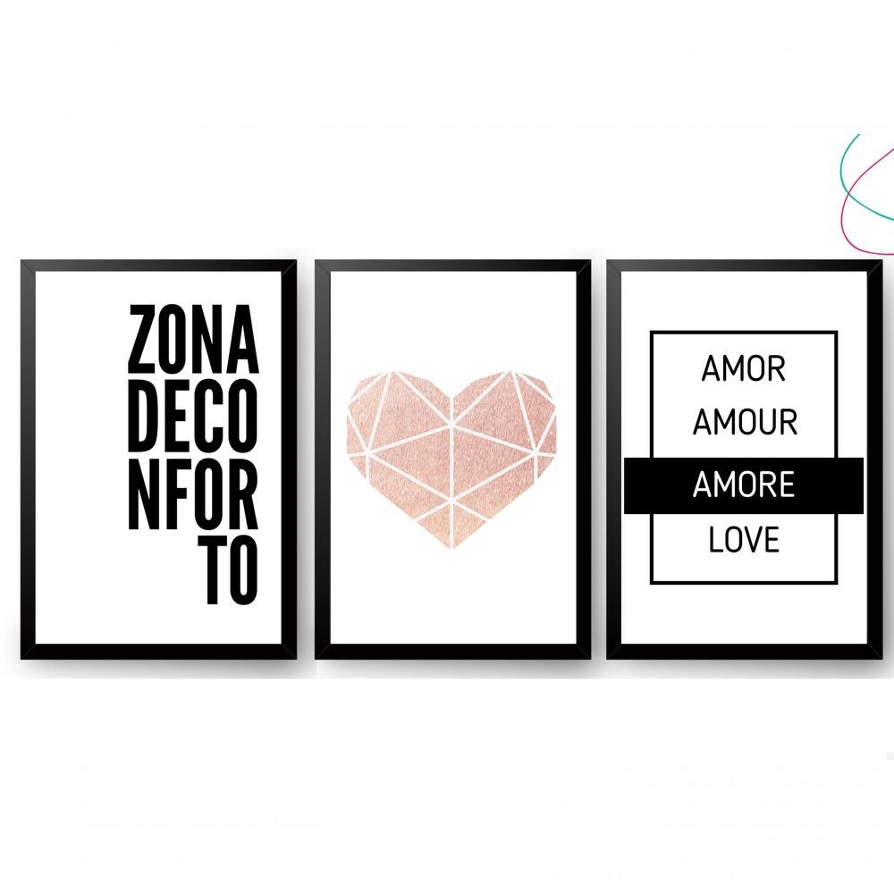 Encontraproduto.com.br - Kit 3 Quadros Para Casa - Zona De Conforto Com Coração Cor Da Armação:preto
