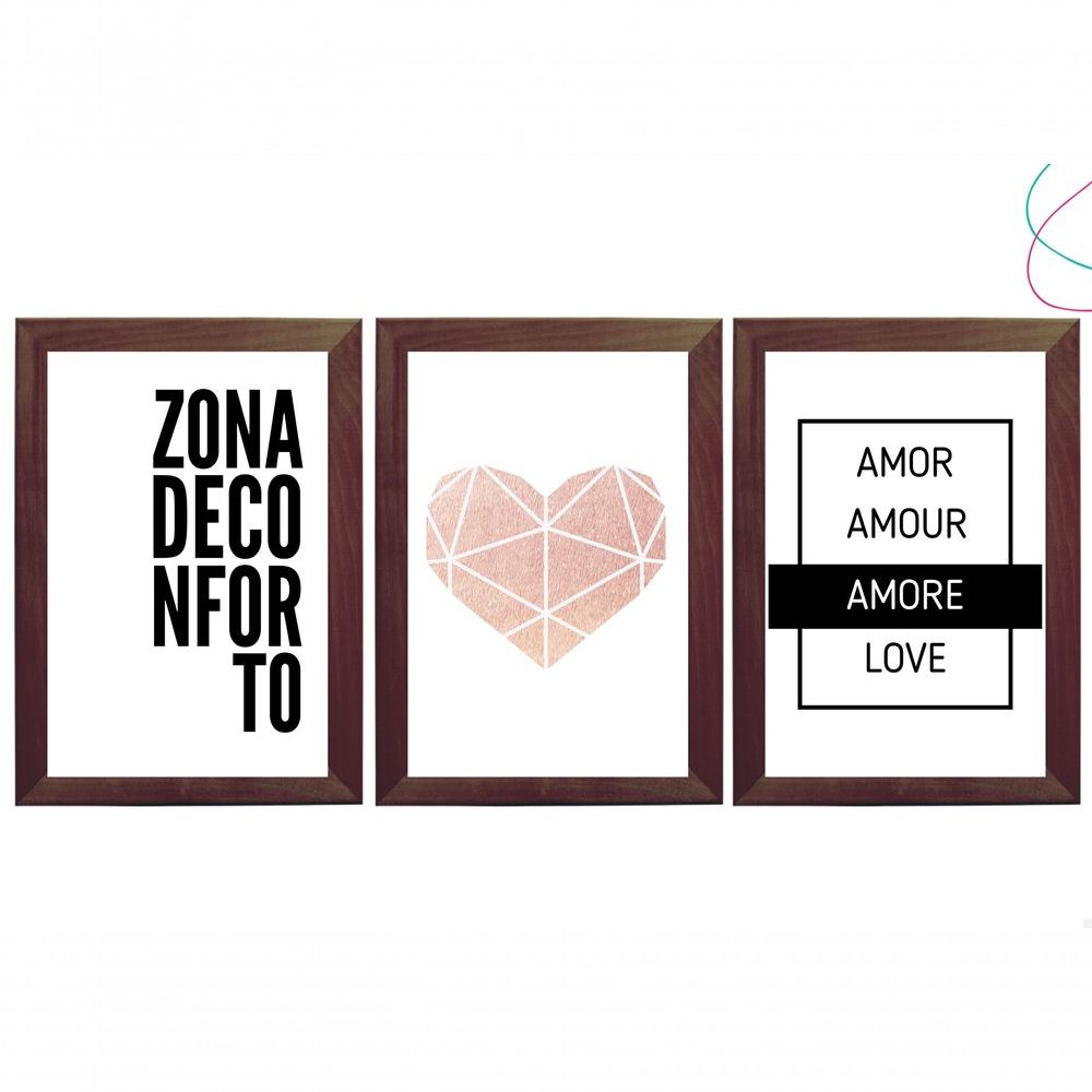 Encontraproduto.com.br - Kit 3 Quadros Para Casa - Zona De Conforto Com Coração Cor Da Armação:preto