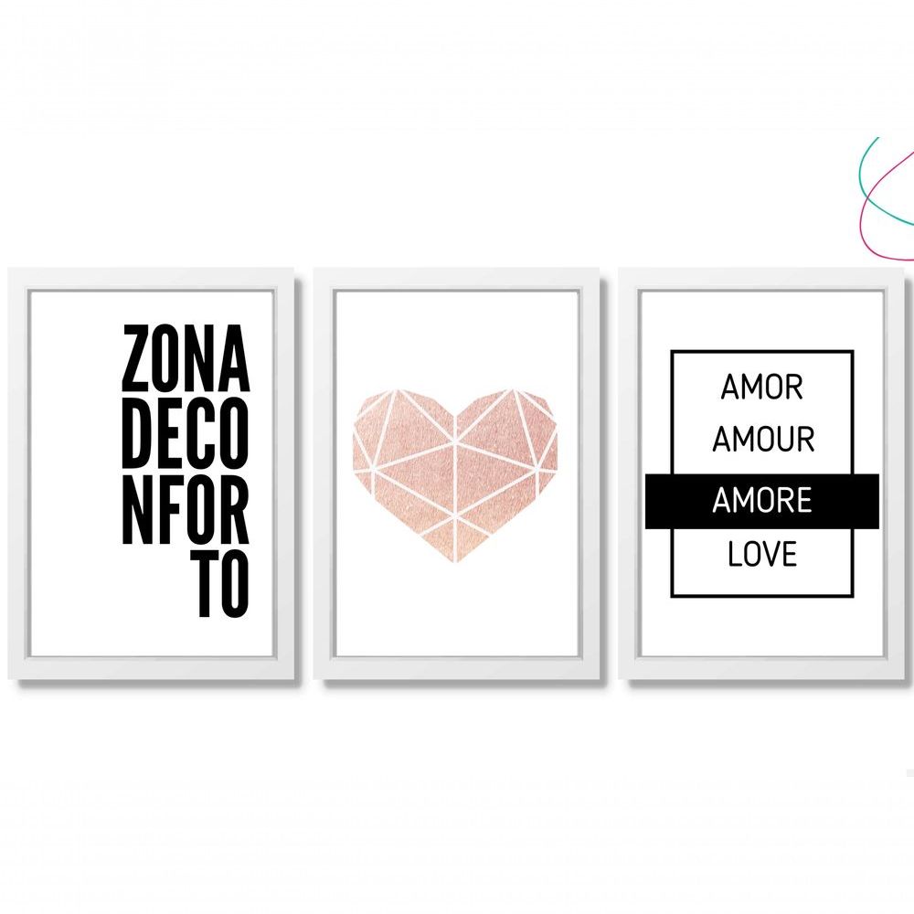 Encontraproduto.com.br - Kit 3 Quadros Para Casa - Zona De Conforto Com Coração Cor Da Armação:preto