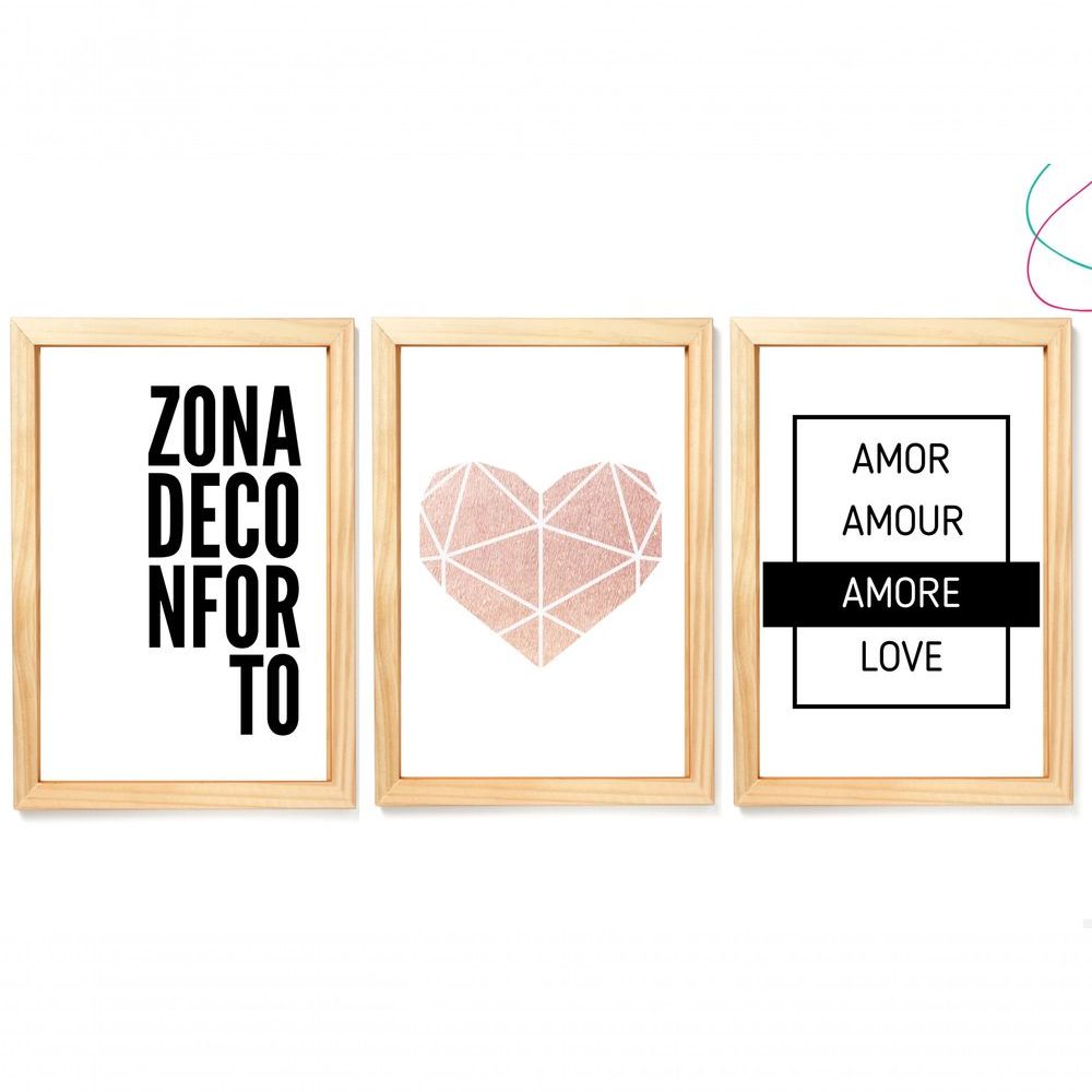 Encontraproduto.com.br - Kit 3 Quadros Para Casa - Zona De Conforto Com Coração Cor Da Armação:preto