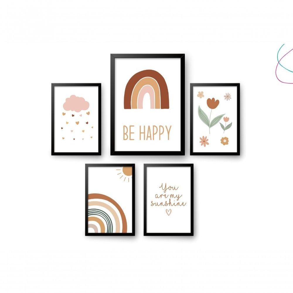 Encontraproduto.com.br - Kit 5 Quadros Decorativos Arco-íris Boho Escandinavo