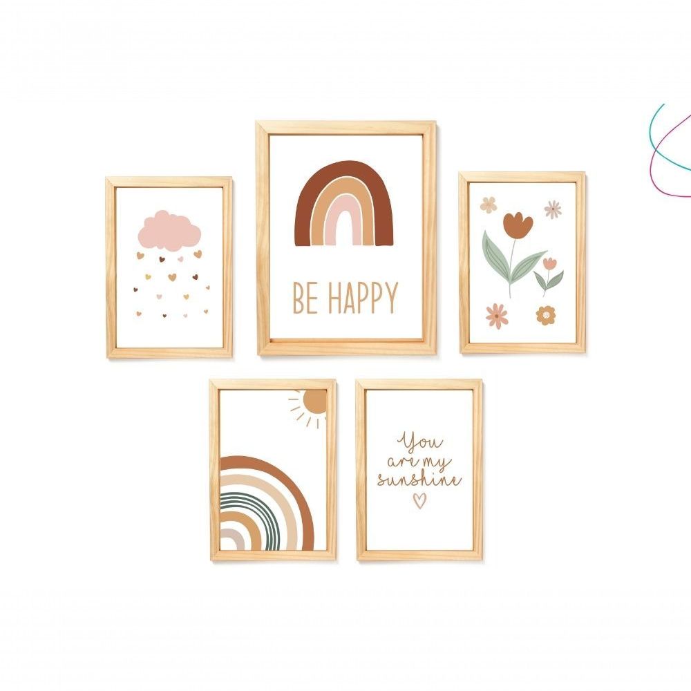 Encontraproduto.com.br - Kit 5 Quadros Decorativos Arco-íris Boho Escandinavo