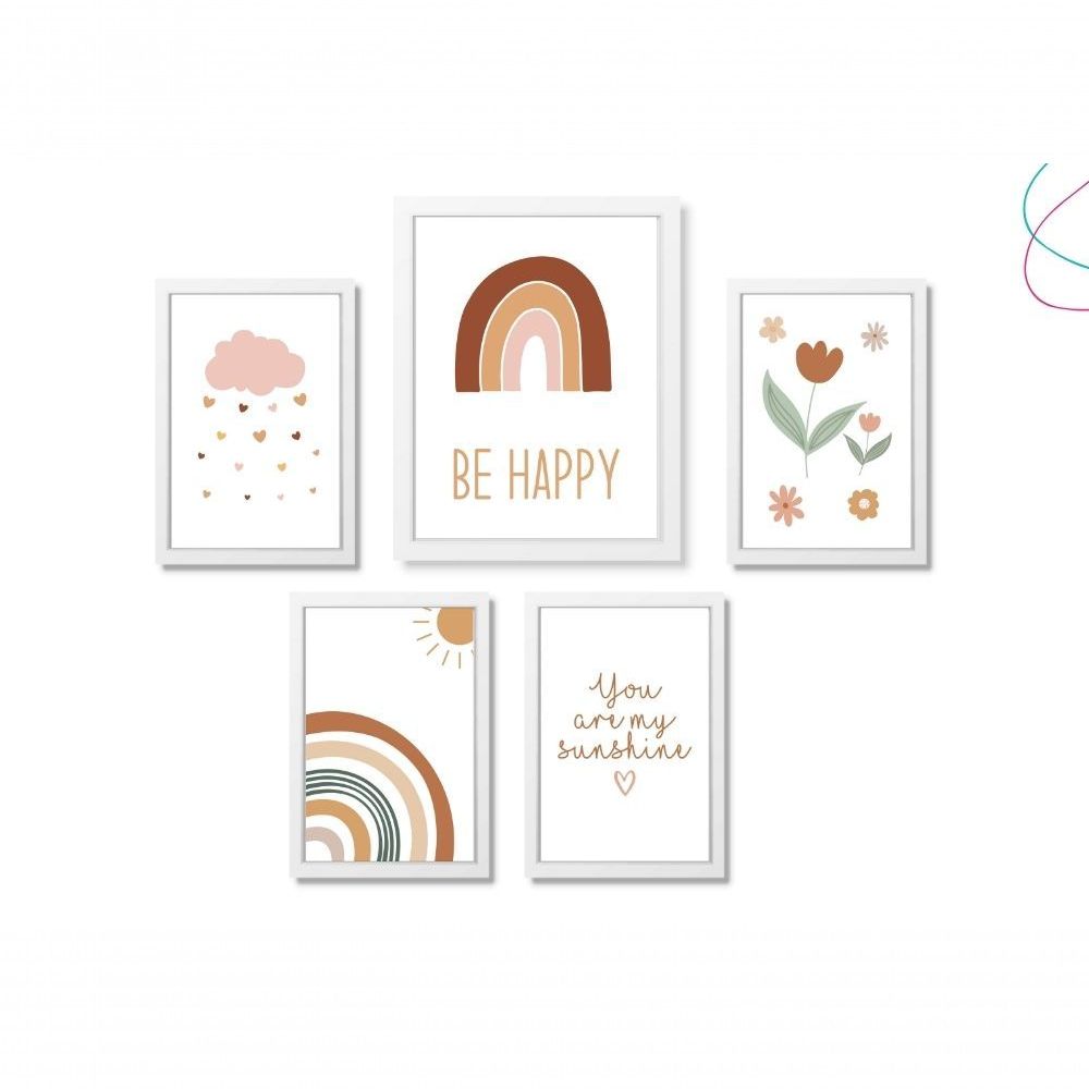 Encontraproduto.com.br - Kit 5 Quadros Decorativos Arco-íris Boho Escandinavo