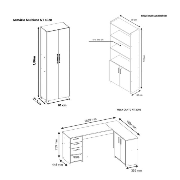 Encontraproduto.com.br - Conjunto Para Escritório 1 Mesa De Canto 2 Armários Altos
