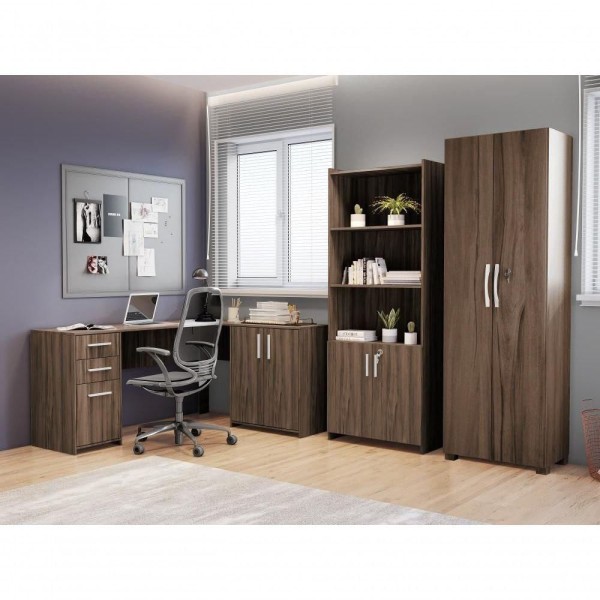 Encontraproduto.com.br - Conjunto Para Escritório 1 Mesa De Canto 2 Armários Altos