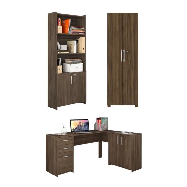 Encontraproduto.com.br - Conjunto Para Escritório 1 Mesa De Canto 2 Armários Altos