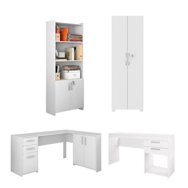 Encontraproduto.com.br - Conjunto Para Escritório 2 Mesas 2 Armários Altos Branco