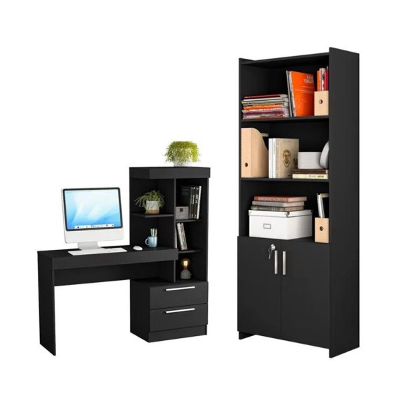 Encontraproduto.com.br - Conjunto Para Escritório 2 Peças Com Mesa E Armário Preto Tx Notável Móveis Preto Tx