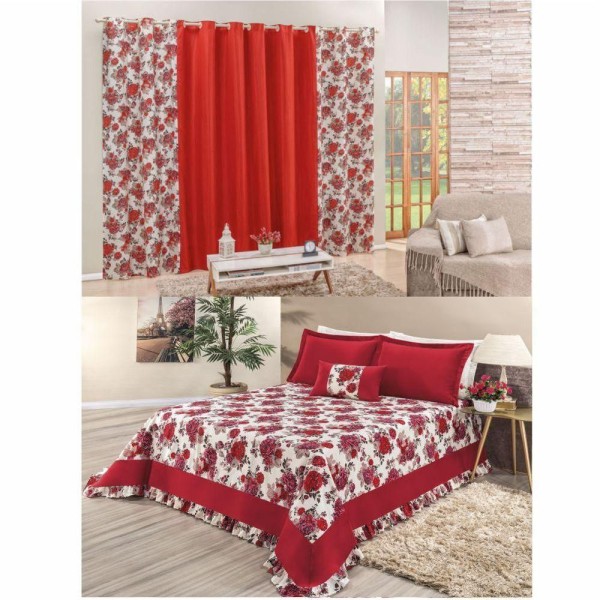 Encontraproduto.com.br - Cobre Leito Casa Show Titan Queen 5 Peças + Cortina 2 Metros - Vermelho