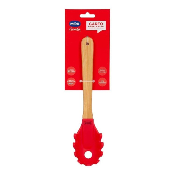 Encontraproduto.com.br - Garfo Para Massas De Silicone Mor Com Cabo De Bamboo Vermelho Resistente Ao Calor