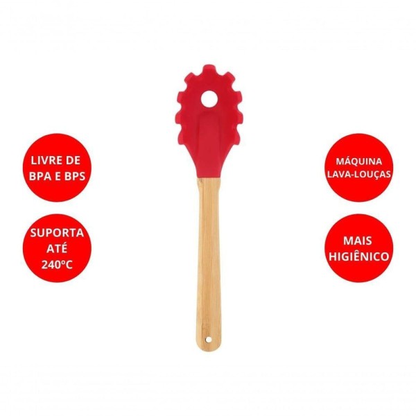 Encontraproduto.com.br - Garfo Para Massas De Silicone Mor Com Cabo De Bamboo Vermelho Resistente Ao Calor